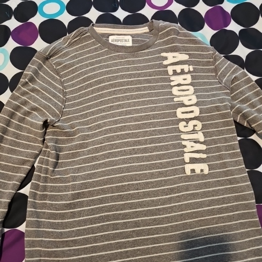 Aeropostale Gray & Cream Striped Crew Sweatshirt